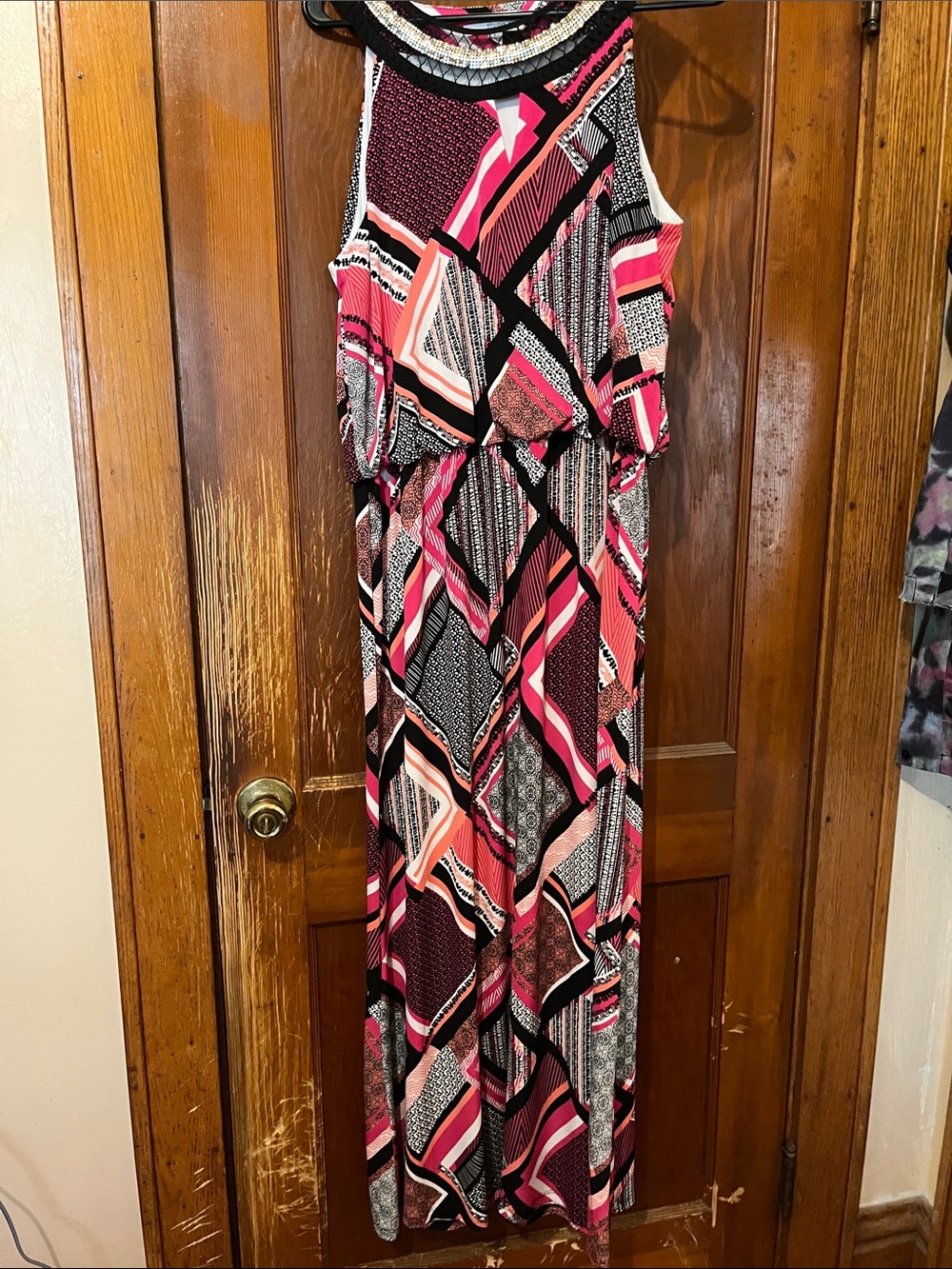 Studio One Geometric Print Maxi Dress in Pink, Black and White